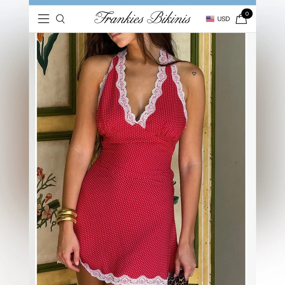 Red Polka Dot Frankie’s Bikinis Audrey Mini Halter Dress - Picture 2 of 3